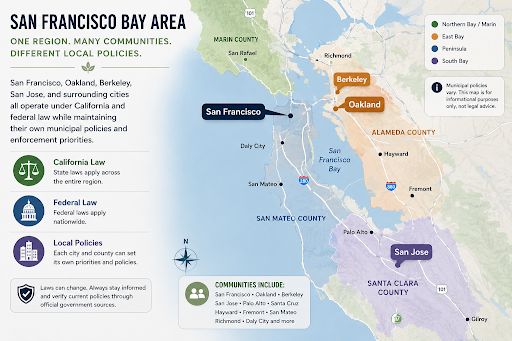 Bay Area map showing San Francisco Oakland Berkeley and San Jose