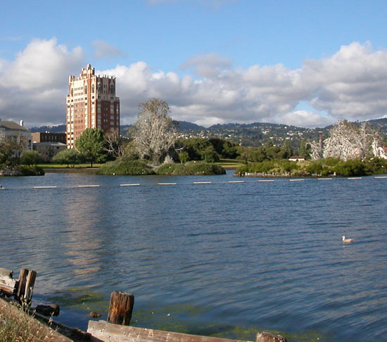 Lake Merritt surrounded by central Oakland