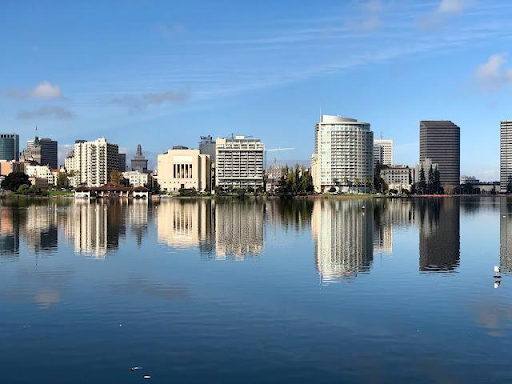 Lake Merritt with the Oakland skyline reflected on the water