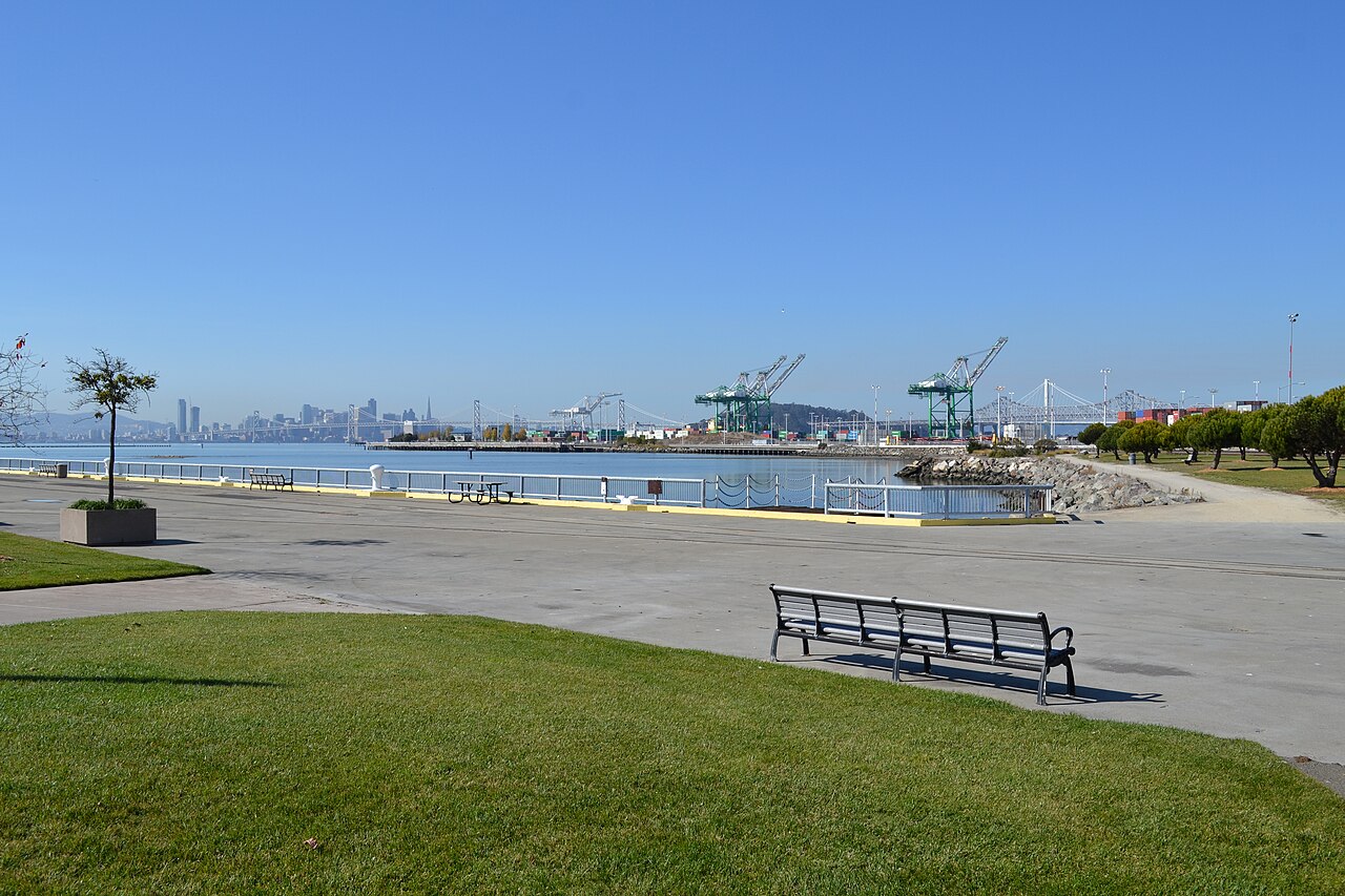 Middle Harbor Shoreline Park with Port of Oakland cranes and San Francisco Bay