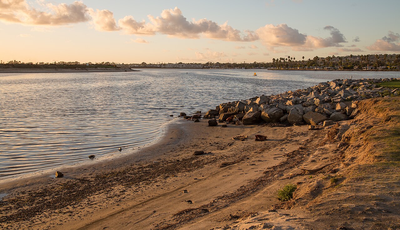 Water and shoreline at Mission Bay Park in San Diego
