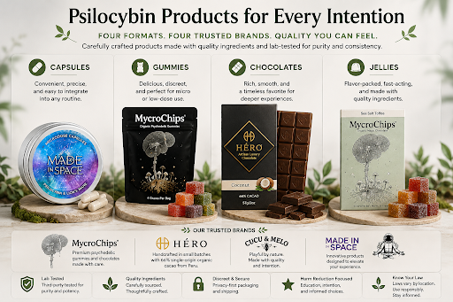 Mushroom product formats including capsules gummies chocolates jellies and candies