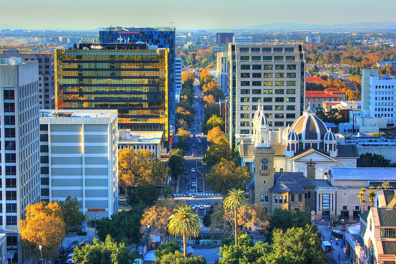 Downtown San Jose with surrounding Santa Clara Valley hills