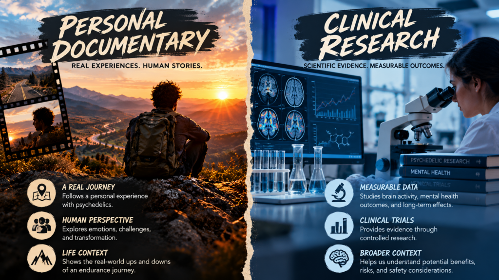 Comparison of personal documentary storytelling and controlled psychedelic clinical research.