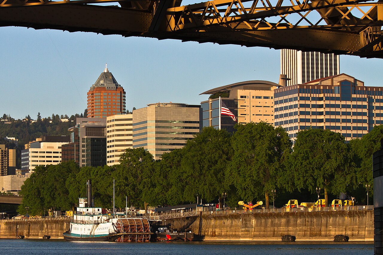 Downtown Portland and Willamette River with Mount Hood beyond