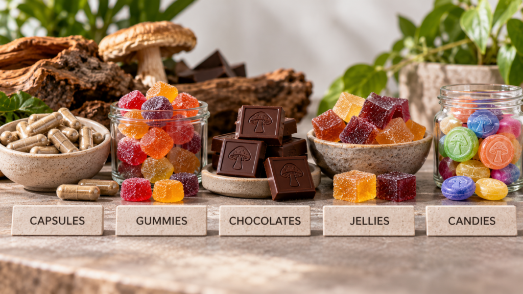 Different mushroom product formats including capsules, gummies, chocolates, jellies, and candies